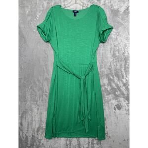Chaps Dress Womens Medium Green Short Sleeve Belted Tie Waist Stretch Lined